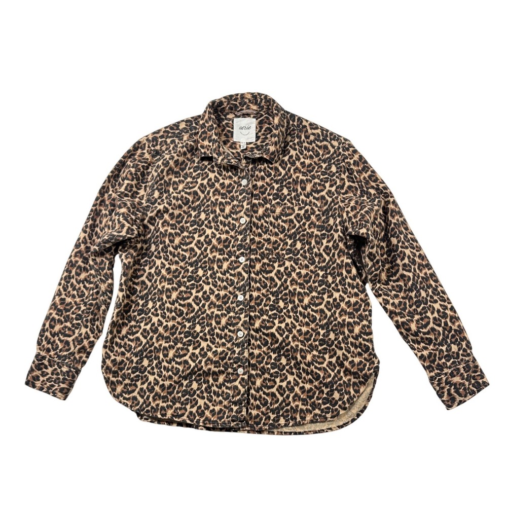 Aerie Womens Leopard Print Button Down Shirt Long Sleeve Brown XS - Picture 2 of 8